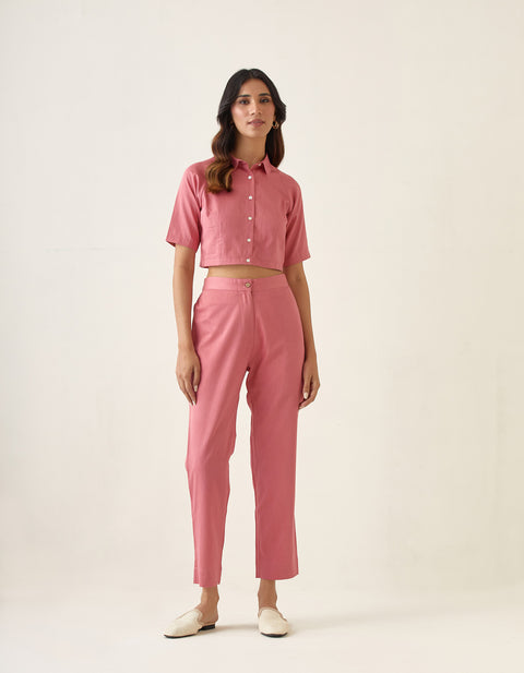Coordinate Set- Rose Pink Crop Top with Pleated Pants in Cotton Glaze (Set of 2)
