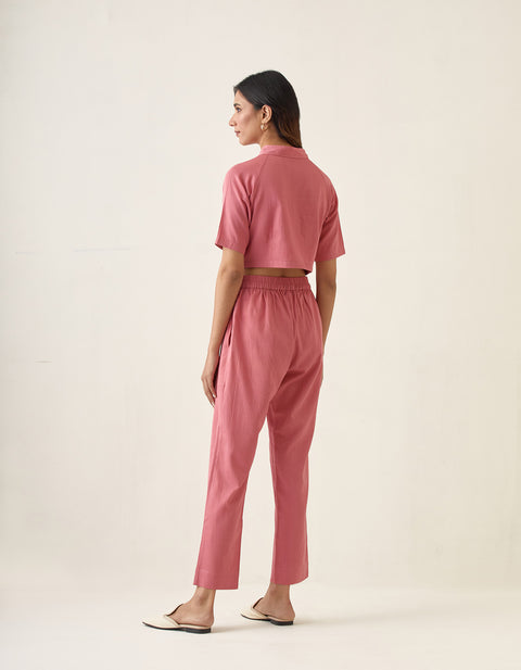 Coordinate Set- Rose Pink Crop Top with Pleated Pants in Cotton Glaze (Set of 2)