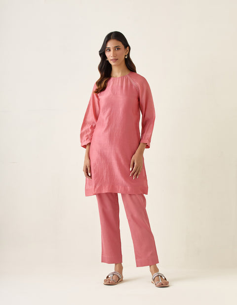 Coordinate Set- A line Chanderi Handloom Kurta with Slip & Cotton Glaze Pants in Rose Pink (Set of 3)