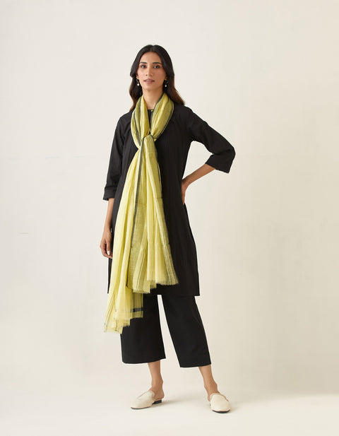 A Line Pin tuck Kurta with Cotton Pants in Black & Chanderi Handloom Dupatta in Lemon Yellow(Set of 3)