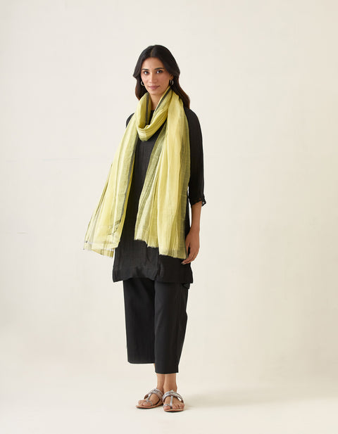 A Line Linen Silk Kurta, Cotton Glaze Pants in Black & Lemon Yellow Chanderi Handloom Dupatta (Set of 4)