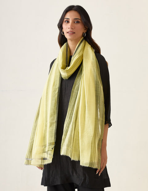 A Line Linen Silk Kurta, Cotton Glaze Pants in Black & Lemon Yellow Chanderi Handloom Dupatta (Set of 4)
