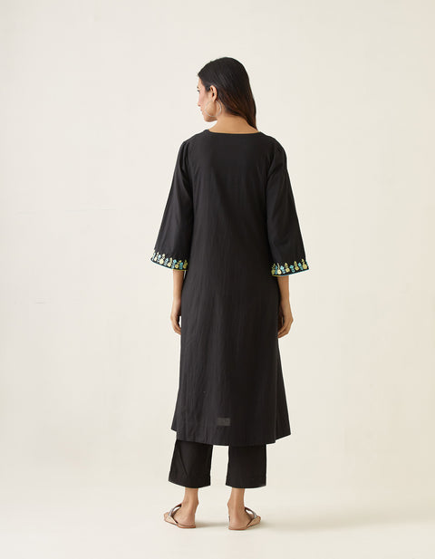 Embroidered Kalidar Kurta Set in Black Cotton Cambric with Color Block Dupatta (Set of 3)