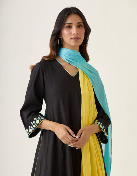 Embroidered Kalidar Kurta Set in Black Cotton Cambric with Color Block Dupatta (Set of 3)