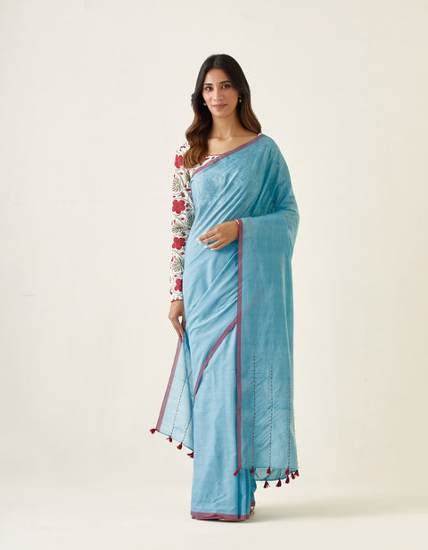 Coordinate Set- Handcrafted Mercerized Cotton Saree with Kantha Details in Pastel Blue & Hand block Printed Blouse (Set of 2)