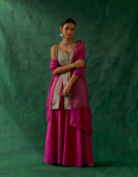 Front Slit Black Zari Silk Kurta, with Cotton Sharara & Katan Dupatta in Hot Pink (Set of 3)