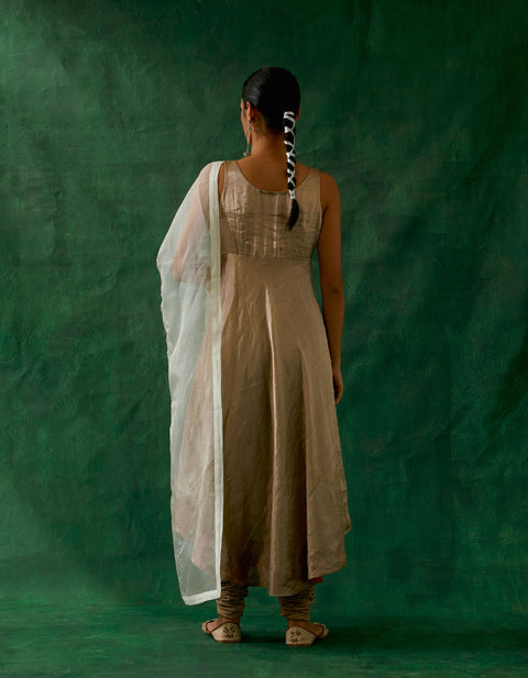 Anarkali Kurta in Beige Gold Zari Silk, Cotton Churidaar with Embroidered Katan Dupatta (Set of 3)