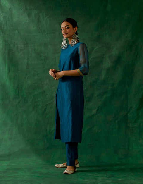 High Slit Kurta with Embroidered Lace & Pants in Teal Blue Chanderi Handloom (Set of 2)