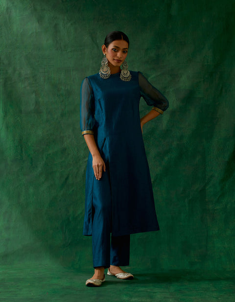 High Slit Kurta with Embroidered Lace & Pants in Teal Blue Chanderi Handloom (Set of 2)