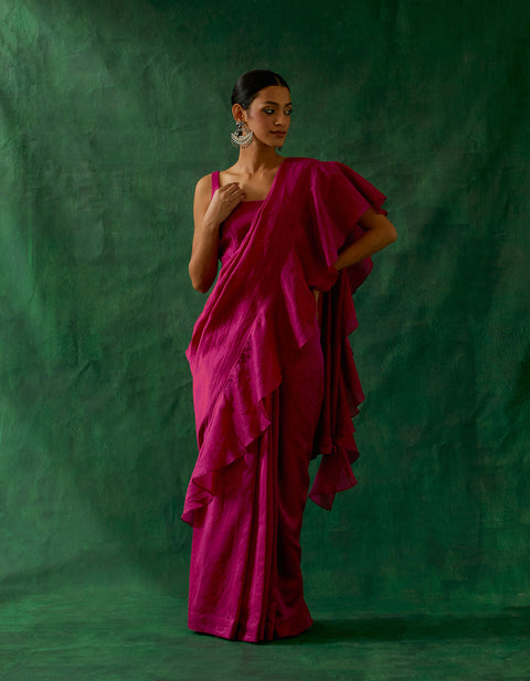 Coordinate Set-Ready to Wear Ruffled Saree & Blouse in Hot Pink Chanderi Handloom with Gold Zari Belt (Set of 3)