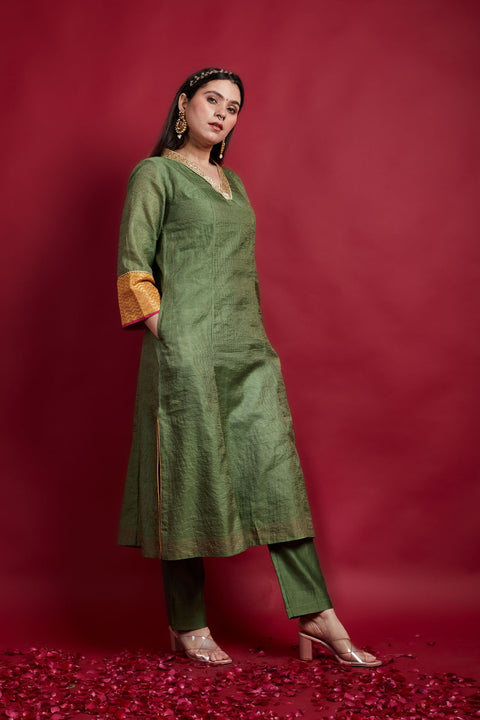 V Neck Embroidered Zari Striped Kurta & Dupatta with Pants in Olive Green Chanderi (Set of 2)