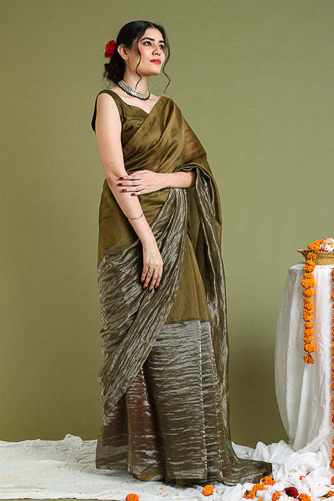 Color Blocked Chanderi Hand loom Saree in Tobacco Brown & Silver Stripes with Lace Inserts