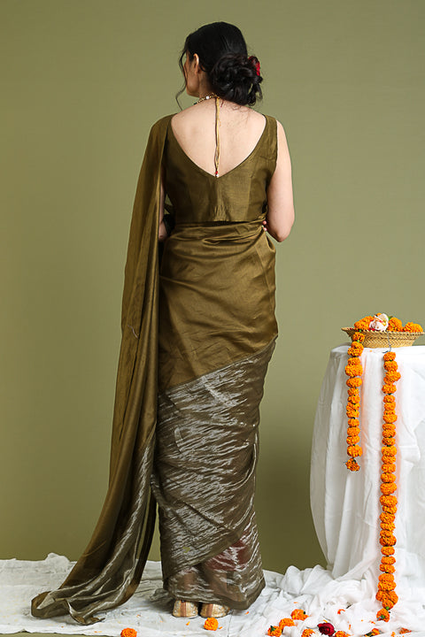 Color Blocked Chanderi Hand loom Saree in Tobacco Brown & Silver Stripes with Lace Inserts