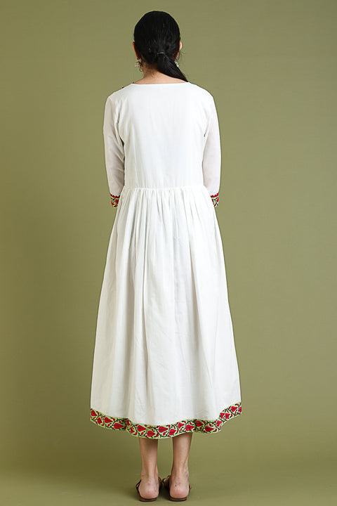 Maxi Dress with Printed Yoke in White Cotton