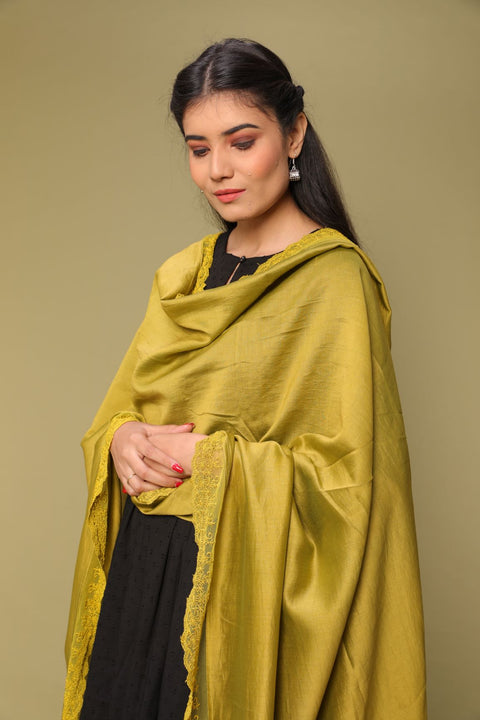 Chanderi Dupatta in Lime Yellow with Embroidered Mesh Lace