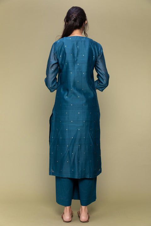 Teal Blue Pleated Chanderi Handloom Kurta with Cotton Pants (Set of 2)