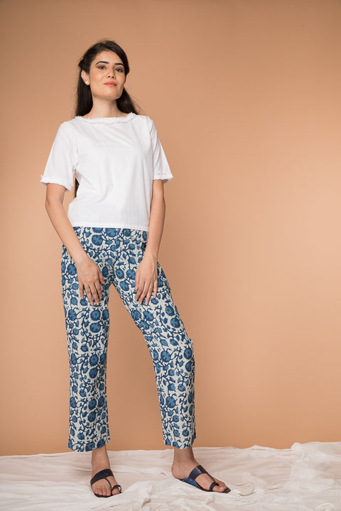 Straight fit Pant in Indigo blue hand block printed cotton