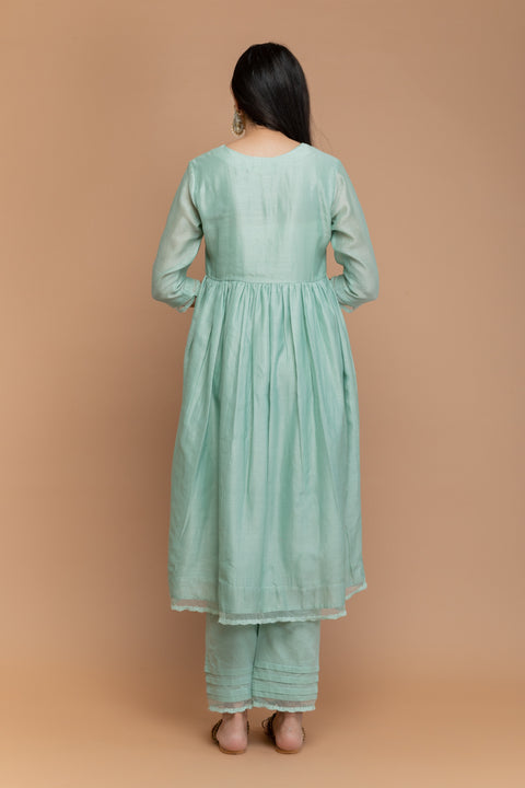 Chanderi Handloom  Anarkali Kurta with Cotton Pants in Mint Green & Ivory Chanderi Silk Dupatta (Set of 3)
