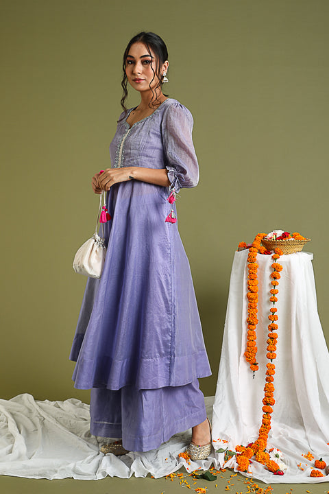 Lavender Embroidered Anarkali In Chanderi Hand Loom