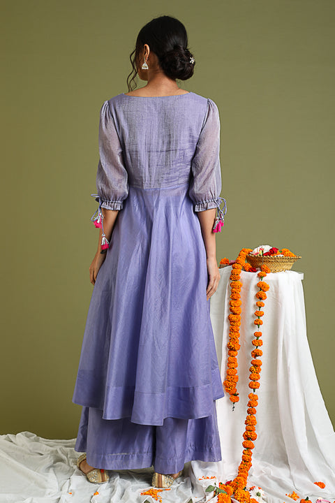 Lavender Embroidered Anarkali In Chanderi Hand Loom
