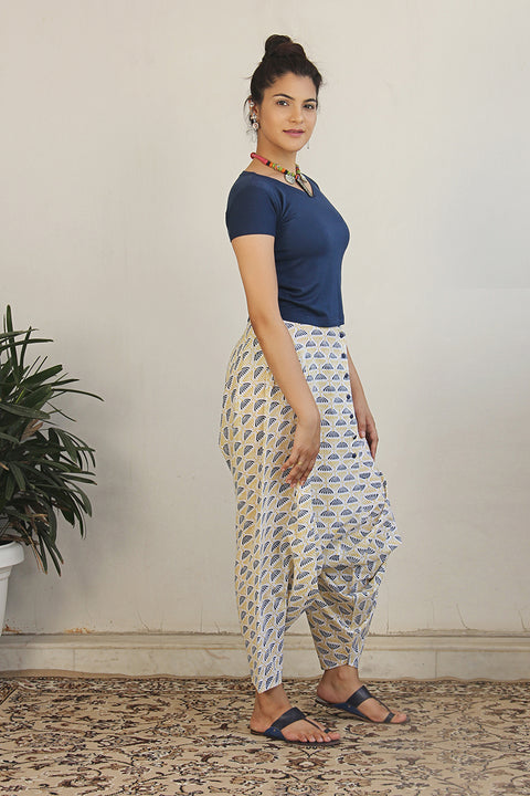 Block printed cotton harem pants in off-white