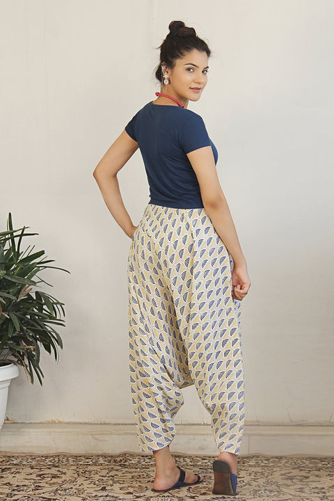 Block printed cotton harem pants in off-white