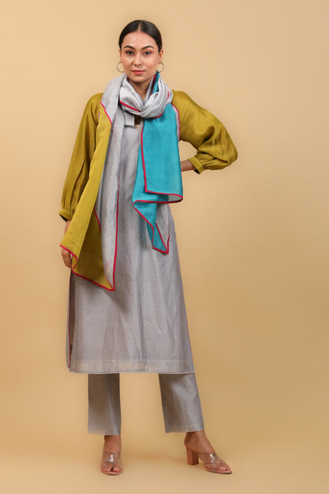 Color Block Raglan Sleeve Kurta Set with Dupatta in Grey, Lime Yellow & Aqua Blue Chanderi Handloom (Set of 3)