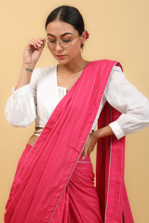 Coordinate Set- Pink Saree and White Wrap Blouse in Cotton with Silver Stripes (Set of 2)