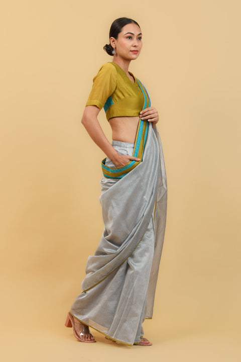 Coordinate Set- Ready To Wear Saree in Grey Chanderi Handloom, Lime Yellow Color Block Blouse (Set of 2)