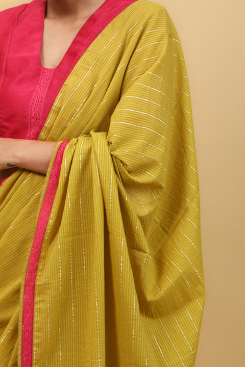 Coordinate Set- Ready To Wear Cotton Saree & Blouse in Lime Yellow and Pink (Set of 2)