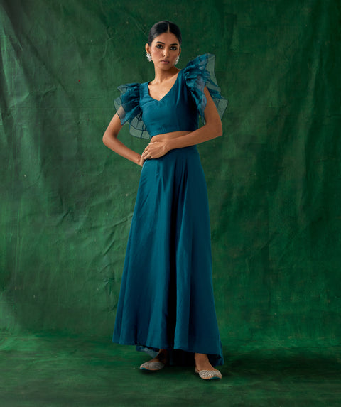 Best Coordinate Set - Chanderi Handloom Skirt With Ruffle Top In Teal Blue (Set Of 2) - By Vinusto