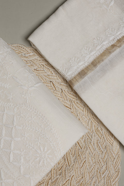 Mul Chanderi Chikankari Kurta with Hand-embroidered Yoke and Dupatta (Set of 2)- Unstitched