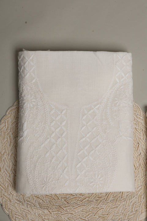 Mul Chanderi Chikankari Kurta with Hand-embroidered Yoke and Dupatta (Set of 2)- Unstitched