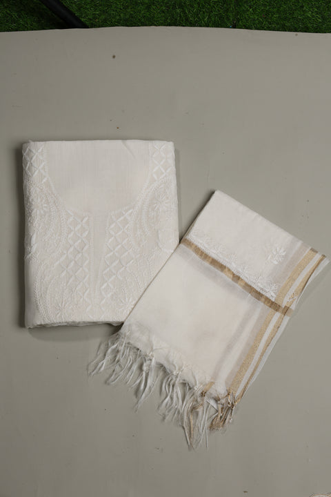 Mul Chanderi Chikankari Kurta with Hand-embroidered Yoke and Dupatta (Set of 2)- Unstitched