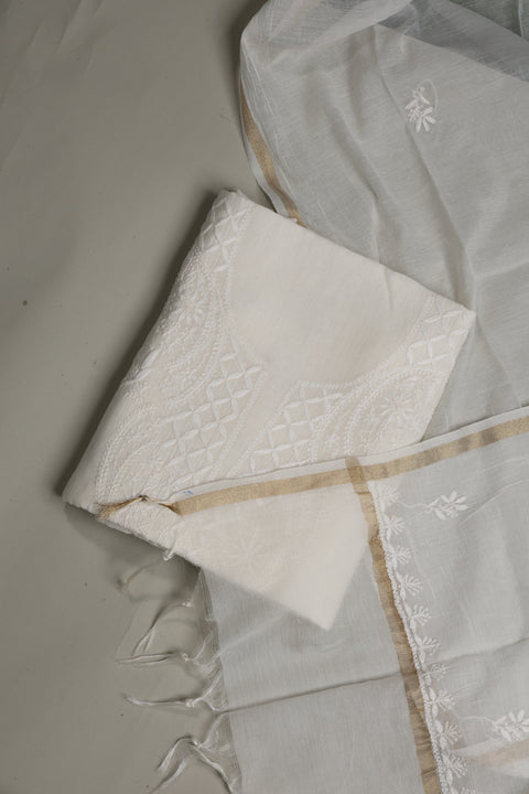 Mul Chanderi Chikankari Kurta with Hand-embroidered Yoke and Dupatta (Set of 2)- Unstitched