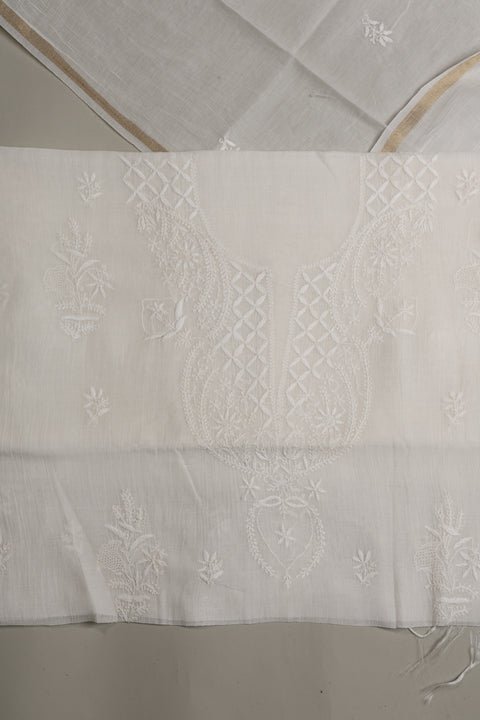 Mul Chanderi Chikankari Kurta with Hand-embroidered Yoke and Dupatta (Set of 2)- Unstitched