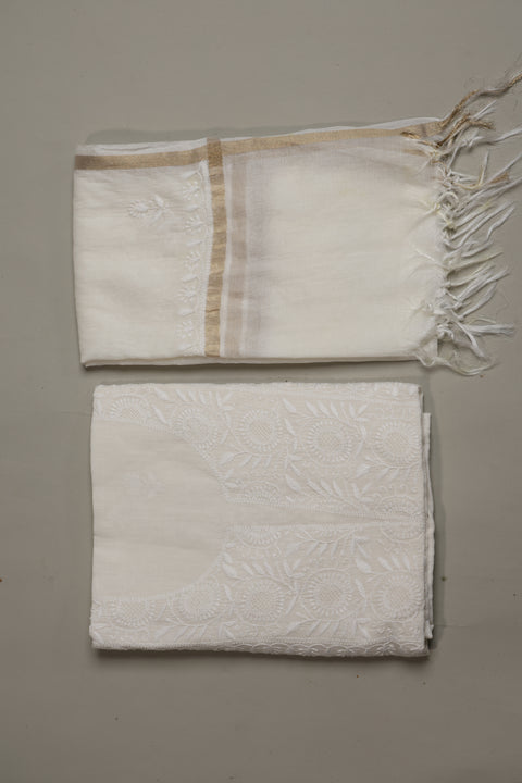 Mul Chanderi Chikankari Kurta with Hand-embroidered Yoke and Dupatta (Set of 2)- Unstitched