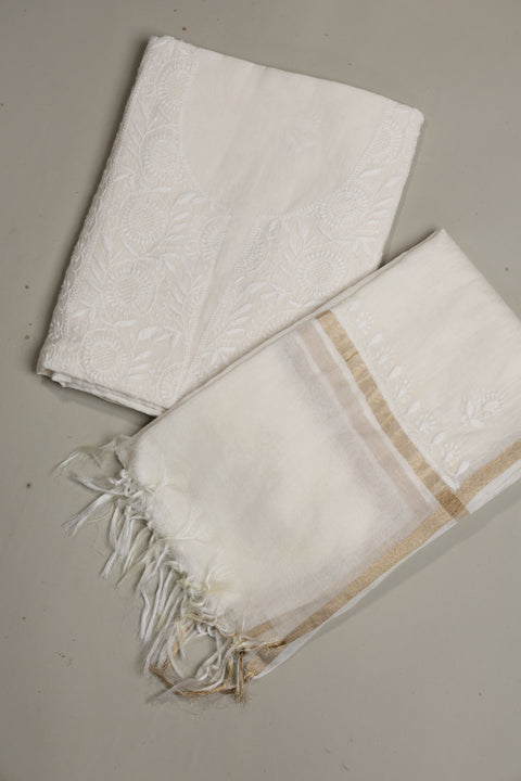 Mul Chanderi Chikankari Kurta with Hand-embroidered Yoke and Dupatta (Set of 2)- Unstitched