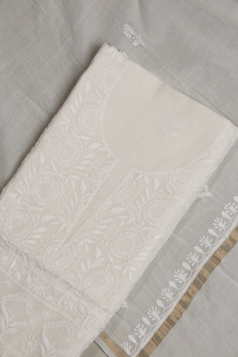 Mul Chanderi Chikankari Kurta with Hand-embroidered Yoke and Dupatta (Set of 2)- Unstitched