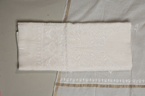 Mul Chanderi Chikankari Kurta with Hand-embroidered Yoke and Dupatta (Set of 2)- Unstitched