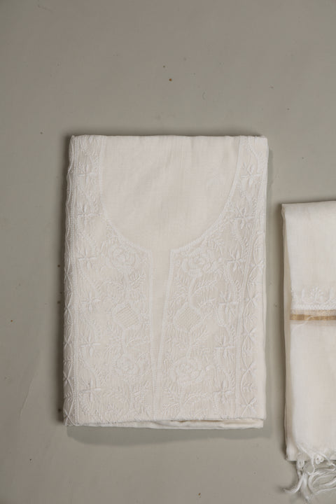 Mul Chanderi Chikankari Kurta with Hand-embroidered Yoke and Dupatta (Set of 2)- Unstitched