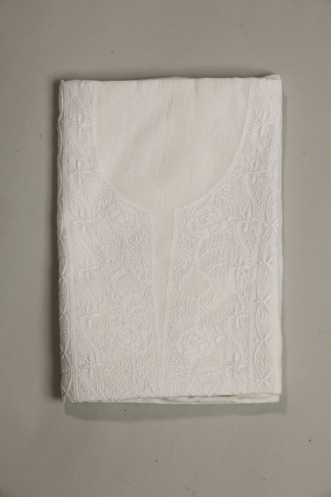 Mul Chanderi Chikankari Kurta with Hand-embroidered Yoke and Dupatta (Set of 2)- Unstitched