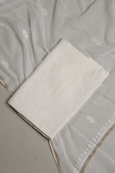 Mul Chanderi Chikankari Kurta with Hand-embroidered Yoke and Dupatta (Set of 2)- Unstitched