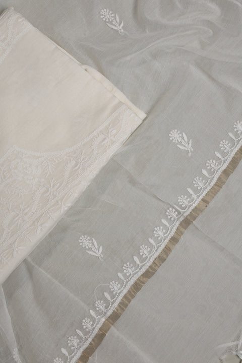Mul Chanderi Chikankari Kurta with Hand-embroidered Yoke and Dupatta (Set of 2)- Unstitched