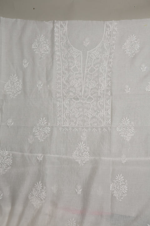 Mul Chanderi Chikankari Kurta with Hand-embroidered Yoke and Dupatta (Set of 2)- Unstitched