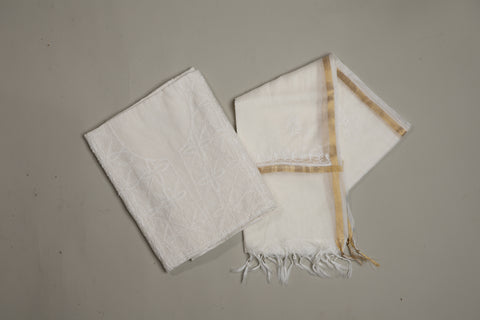 Mul Chanderi Chikankari Kurta with Hand-embroidered Yoke and Dupatta (Set of 2)- Unstitched