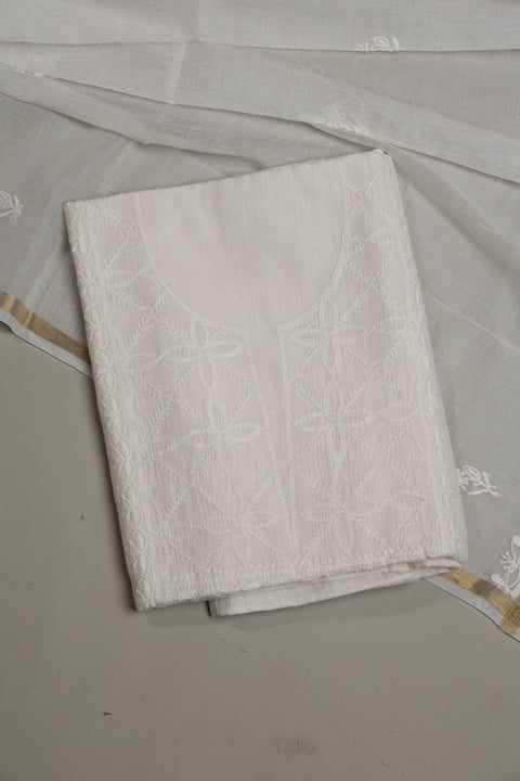 Mul Chanderi Chikankari Kurta with Hand-embroidered Yoke and Dupatta (Set of 2)- Unstitched
