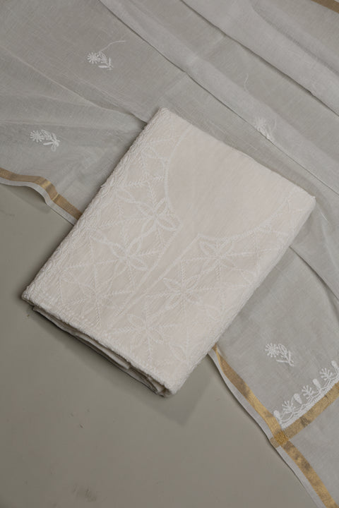 Mul Chanderi Chikankari Kurta with Hand-embroidered Yoke and Dupatta (Set of 2)- Unstitched