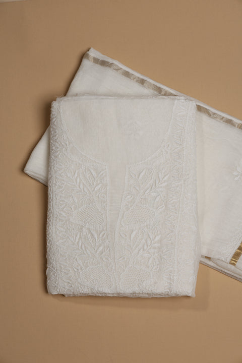 Hand- embroidered Mul Chanderi Chikankari Kurta and Dupatta (Set of 2)- Unstitched