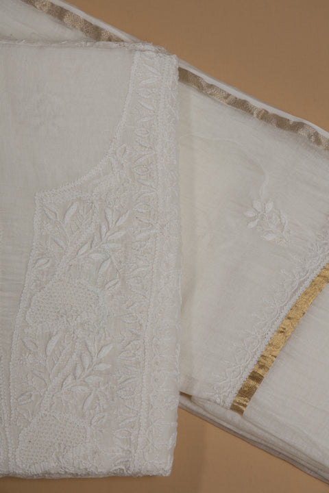 Hand- embroidered Mul Chanderi Chikankari Kurta and Dupatta (Set of 2)- Unstitched